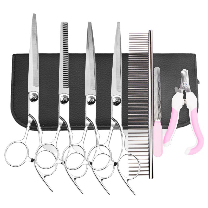 Pet hair scissors set, stainless steel flat teeth curved scissors, cat and dog grooming and hairdressing tools Item Picture