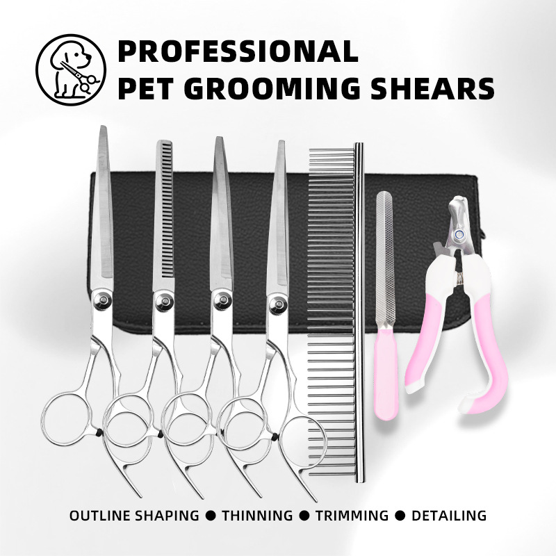 Pet peluquería tijeras juego de acero inoxidable dientes planos curva tijeras para gatos y perros peluquería herramientas de corte de pelo