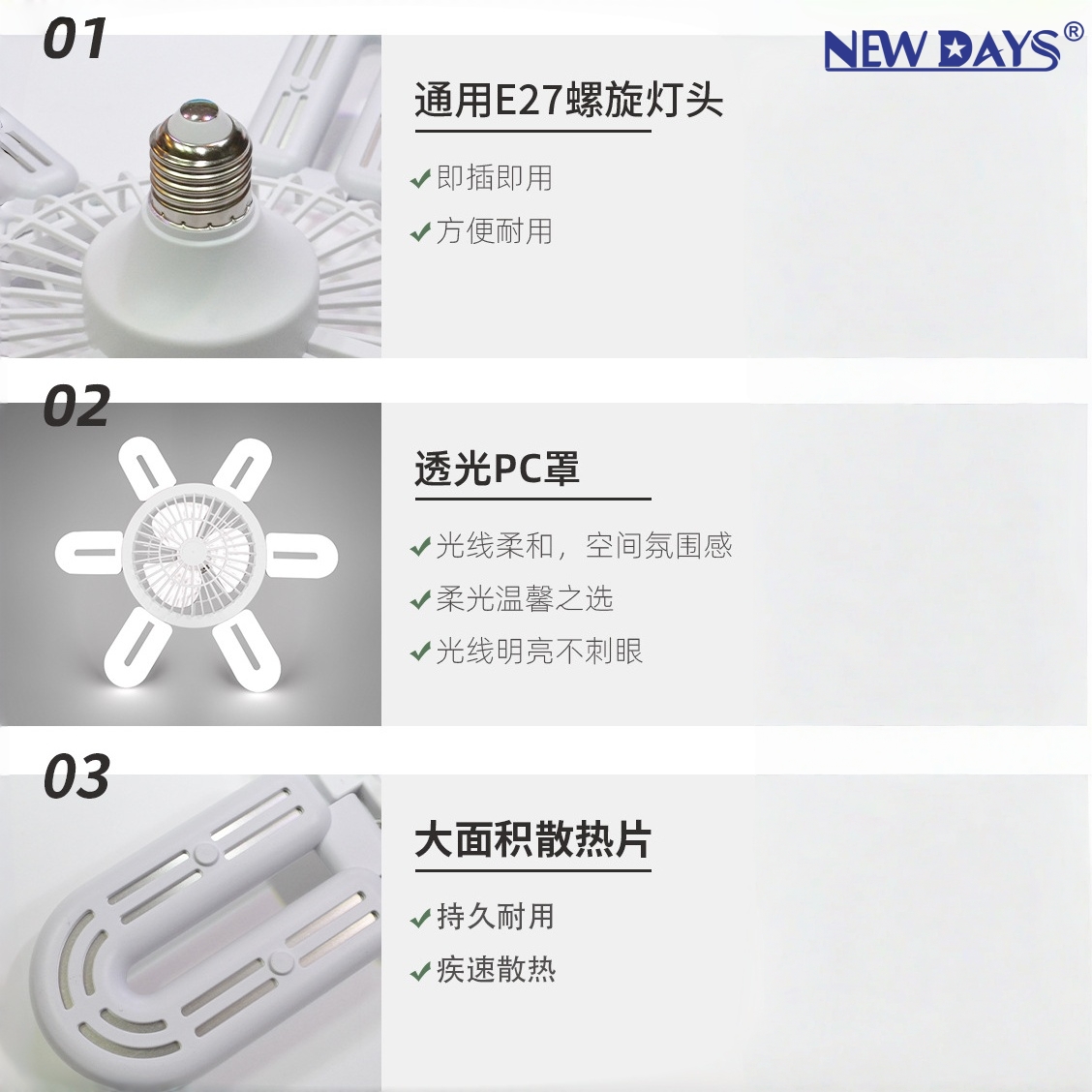 NEWDAYS brand's cross-border new led six-lamp three-blade fan light, E27 screw-top foldable fan light, energy-saving high-brightness remote-controlled dimming lighting ceiling fan details Picture