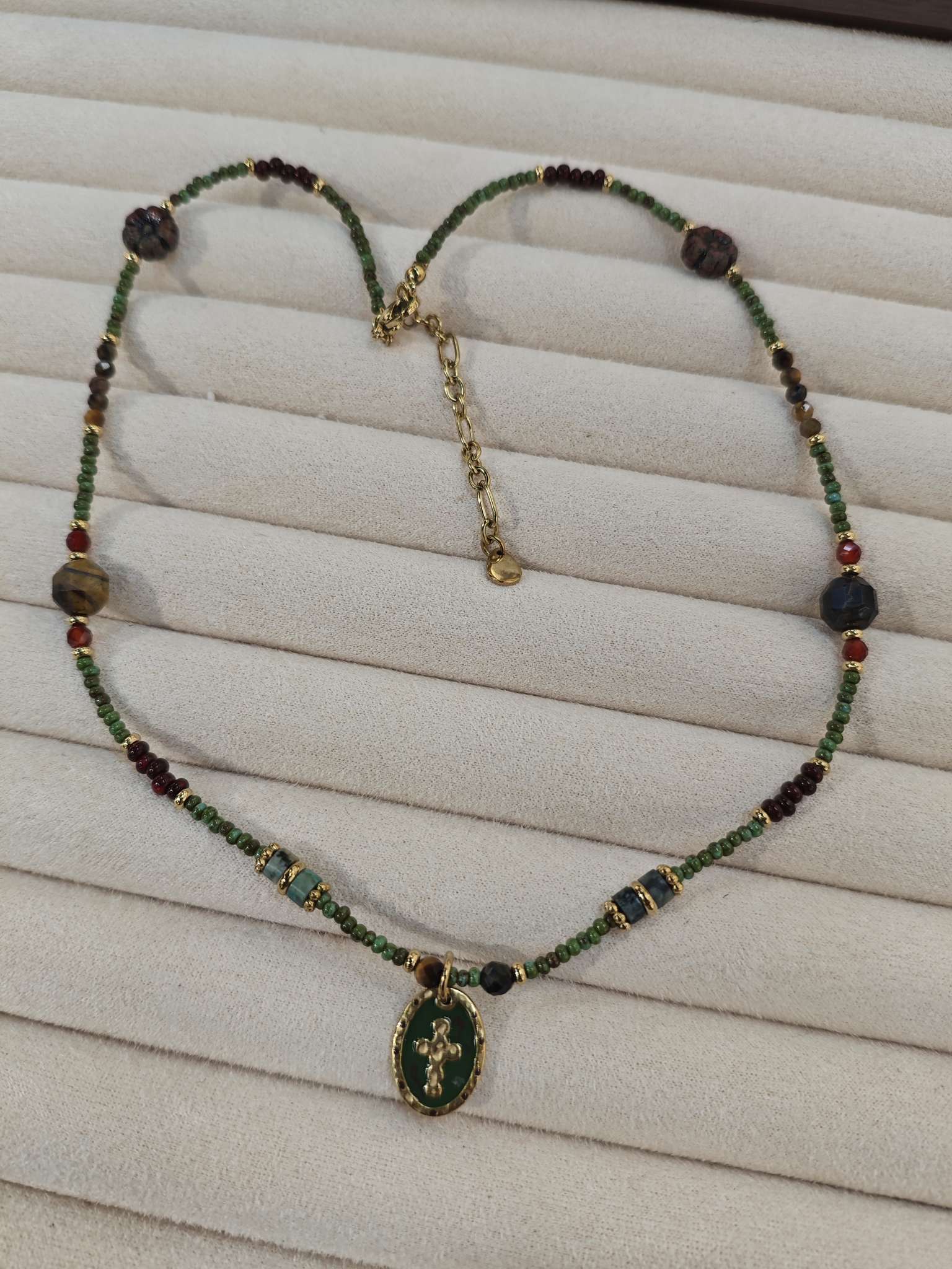 New style jewelry necklace, tiger's eye + Czech pearl cross stainless steel necklace detail image 2