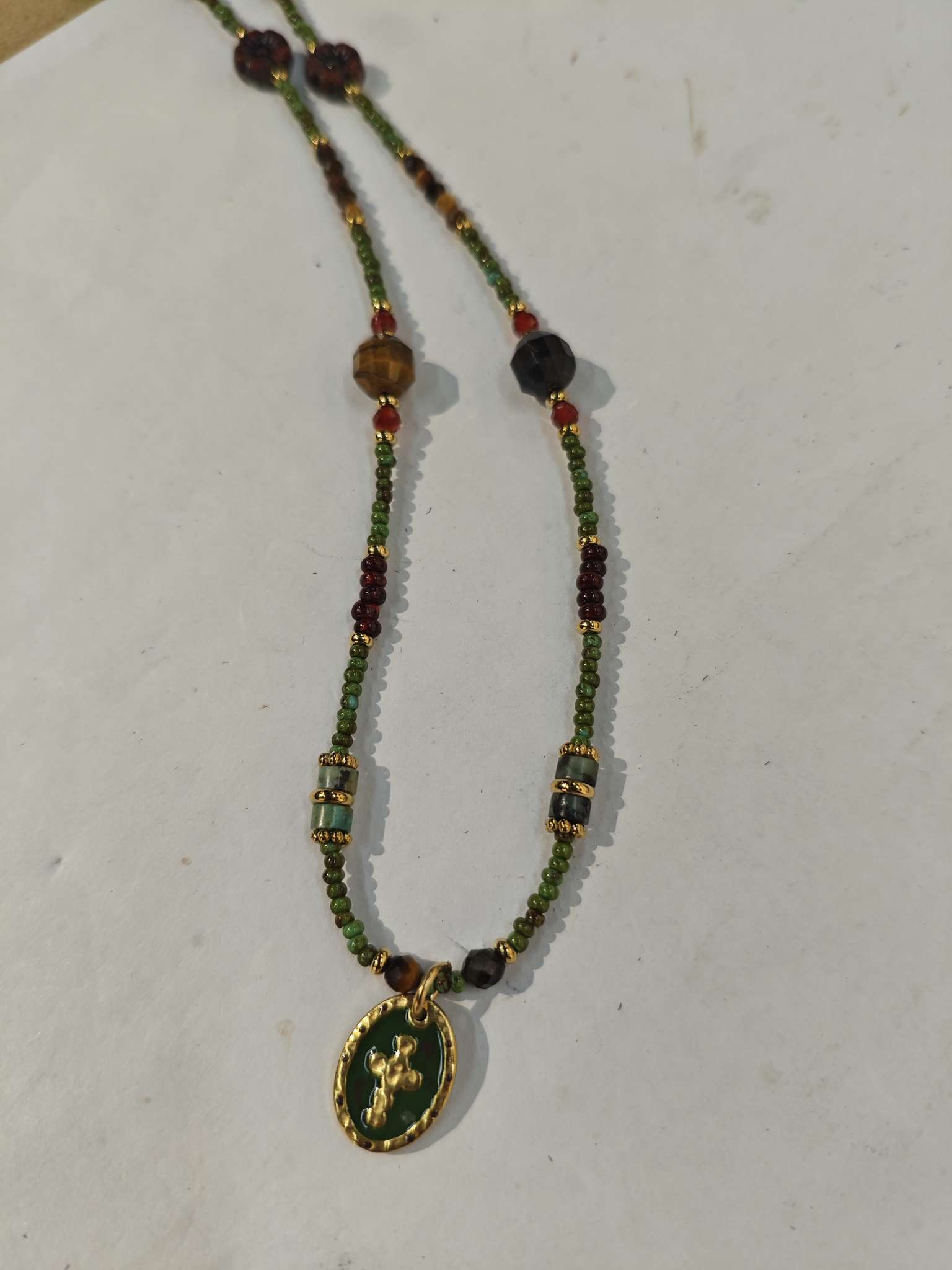 New style jewelry necklace, tiger's eye + Czech pearl cross stainless steel necklace detail image 5