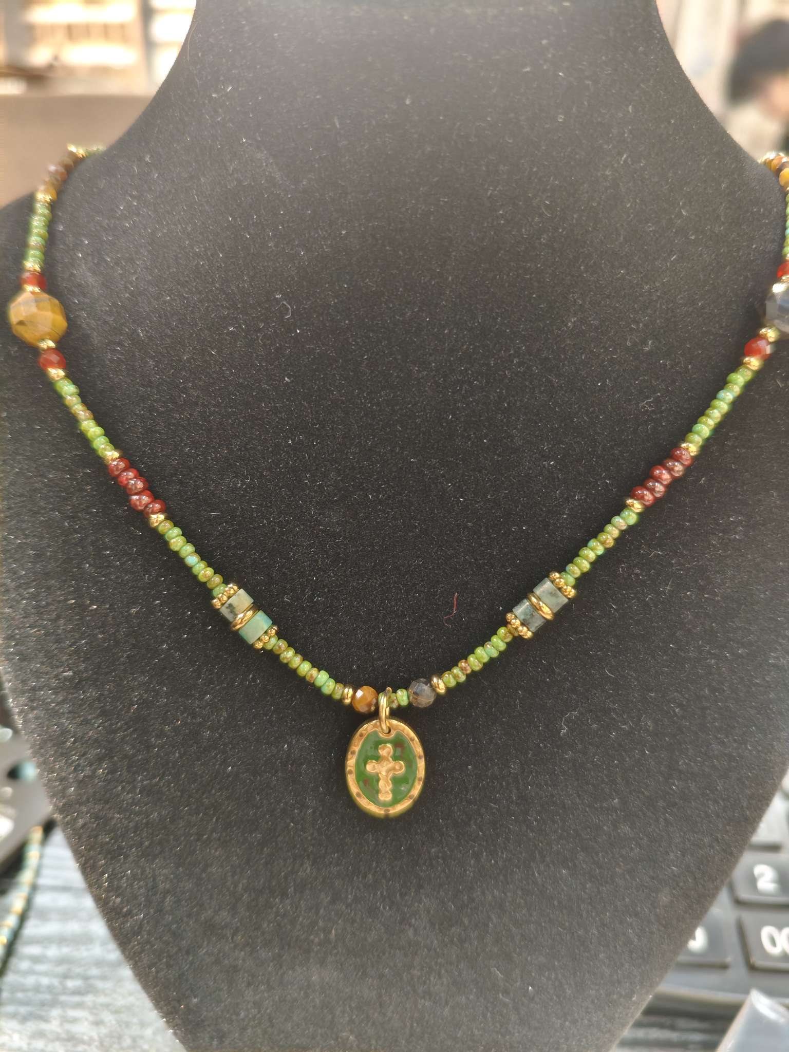 New style jewelry necklace, tiger's eye + Czech pearl cross stainless steel necklace New style jewelry necklace, tiger's eye + Czech pearl cross stainless steel necklace