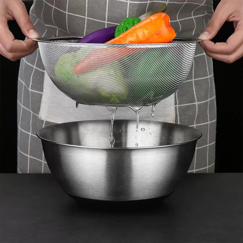 Stainless steel vegetable washing basin draining basket, a household kitchen rice-washing wonder, rice-washing sieve draining basket Item Picture