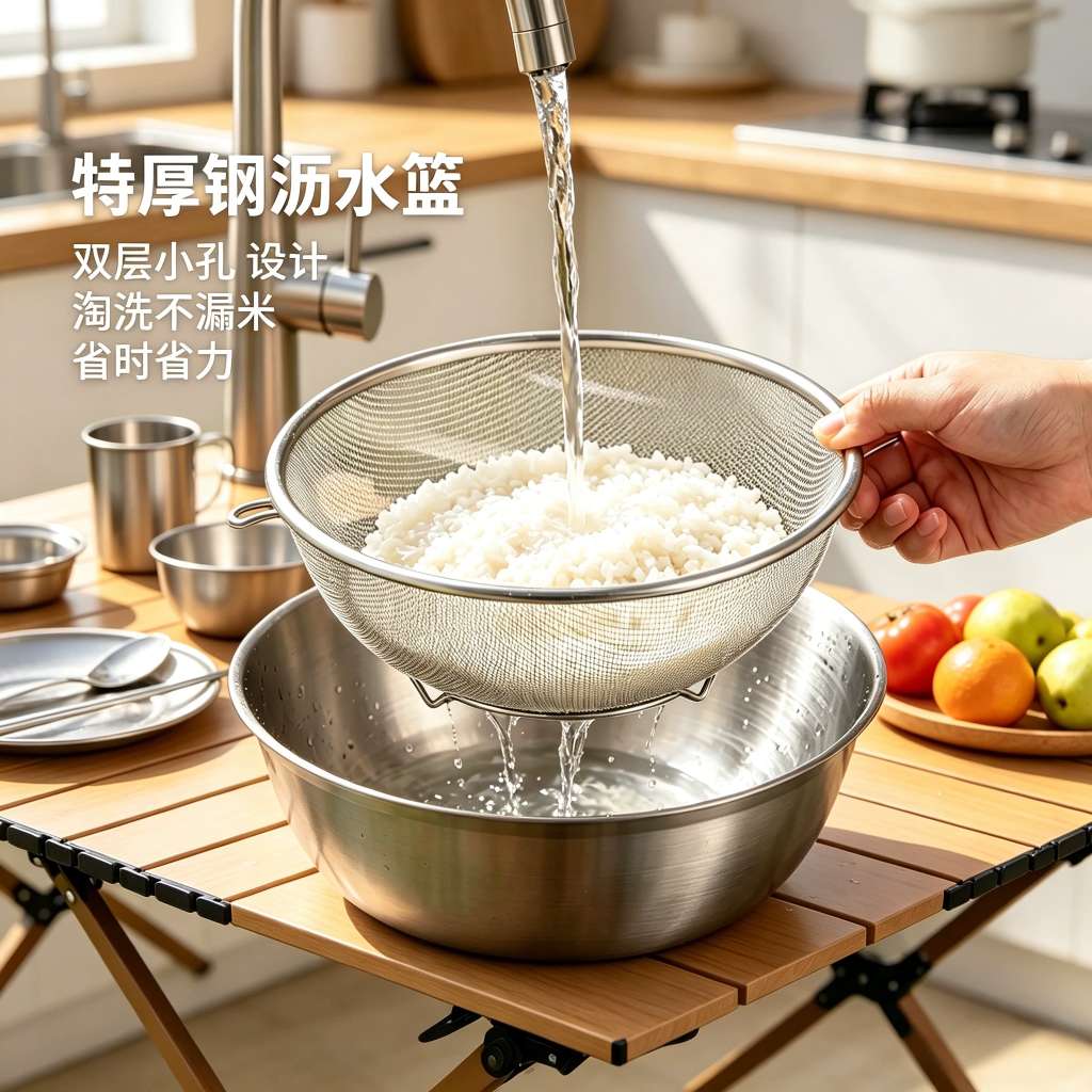 Stainless steel vegetable washing basin draining basket, a household kitchen rice-washing wonder, rice-washing sieve draining basket Specification image