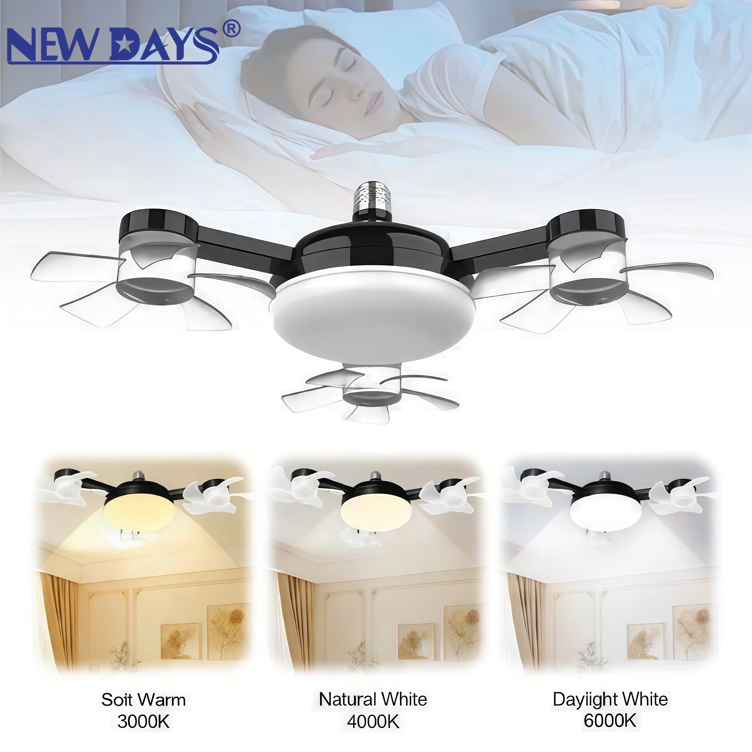 NEWDAYS marca cross border new item led tres cabezas drone fan light dormitorio comedor inteligente control remoto ventilador de techo luz de iluminación de ahorro de energía de protección de los ojos ventilador de techo Item Picture