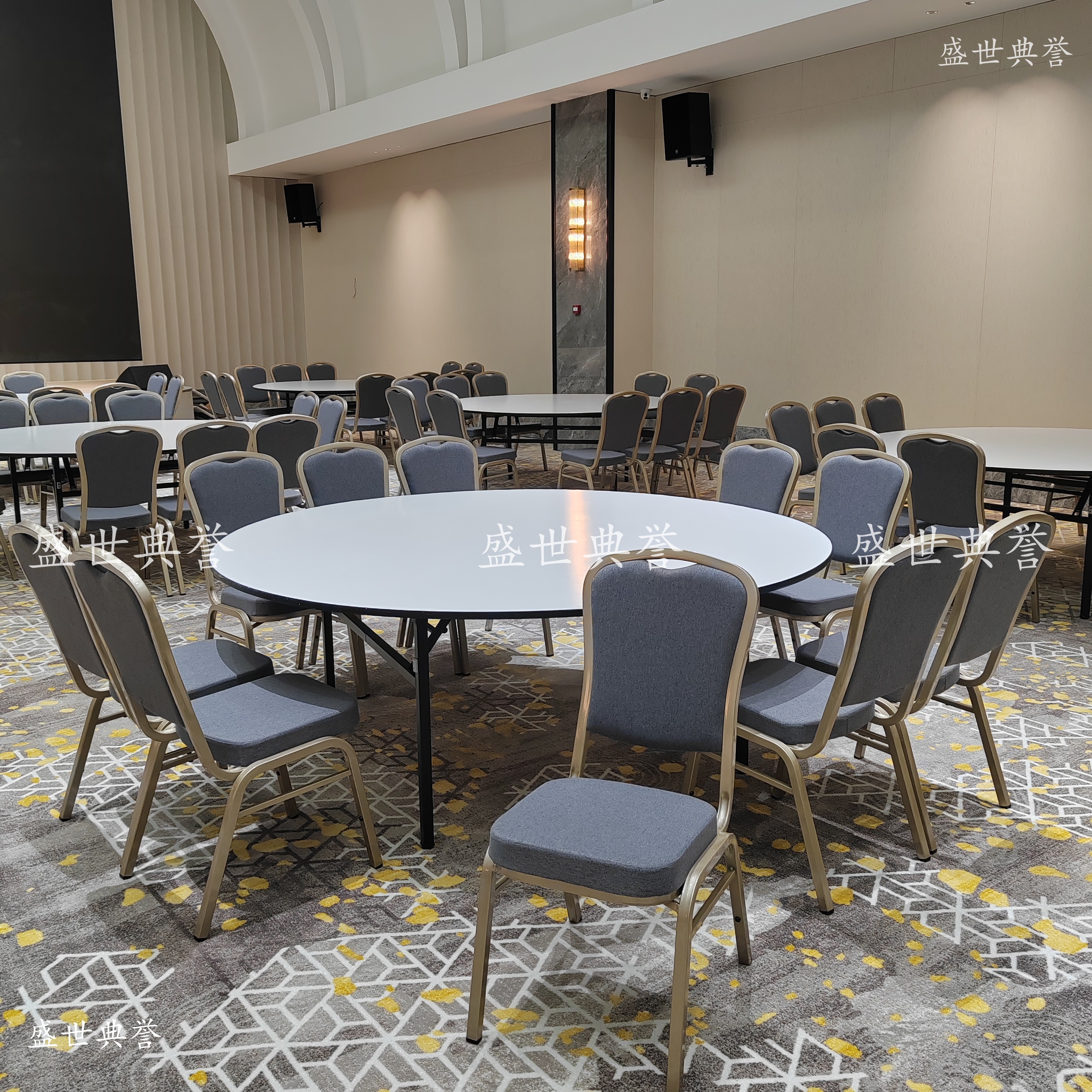 Wuhu five-star hotel catering furniture, conference center wedding banquet tables and chairs, hotel multi-functional hall folding steel chairs Specification image