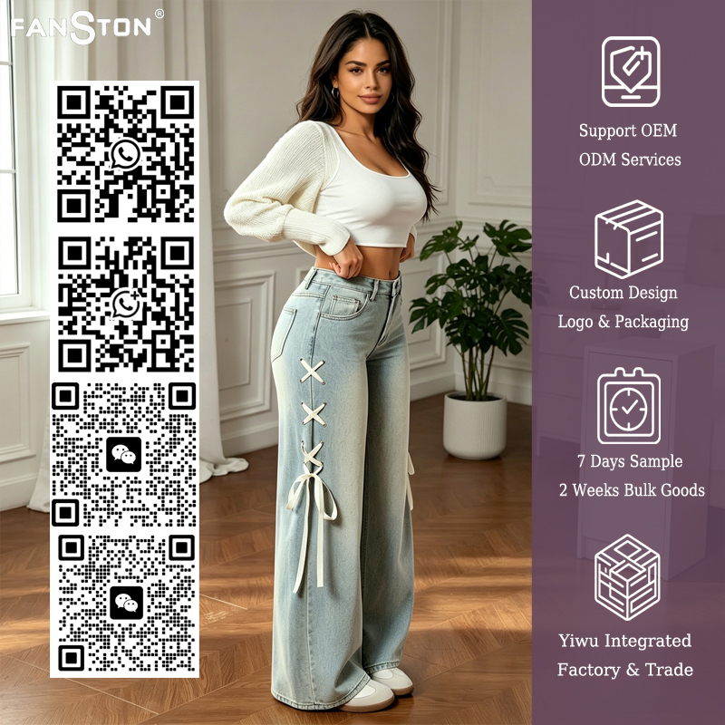 2026 nuevo estilo europeo y americano casual pantalones de pierna ancha versión holgada tipo tamaño estándar ropa de mujer moda denim cintura lateral con cinta