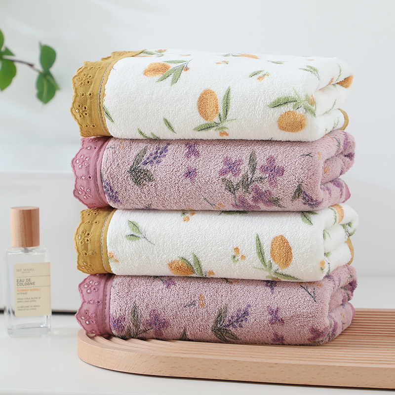 French-style floral coral fleece towel, soft, absorbent and thickened household face towel, lace edge couple set towel Specification image
