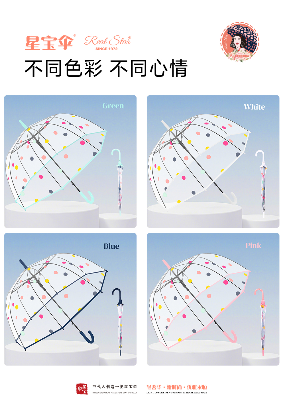 星宝伞963A圆点雨伞长柄透明阿波罗拱形雨伞 23寸雨伞鸟笼雨伞阿波罗雨伞详情12