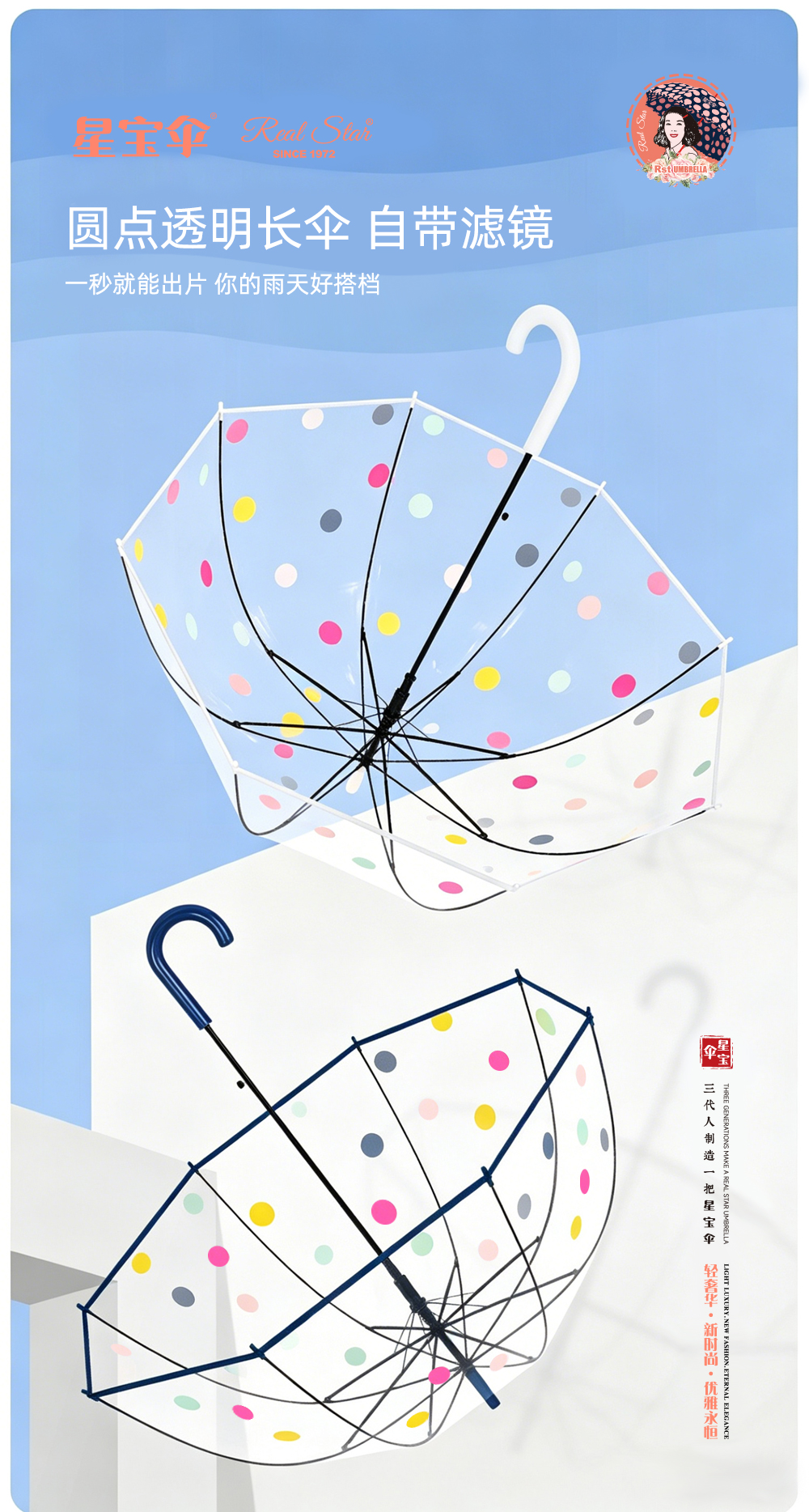 星宝伞963A圆点雨伞长柄透明阿波罗拱形雨伞 23寸雨伞鸟笼雨伞阿波罗雨伞详情2
