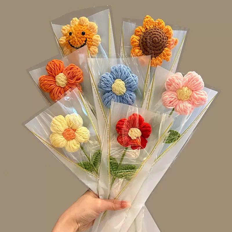 Orange crochet sunflower bouquets, knitted woolen flowers, mini woolen flowers, machine-woven bouquets Item Picture