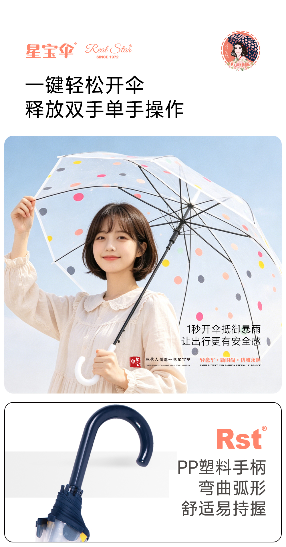星宝伞963A圆点雨伞长柄透明阿波罗拱形雨伞 23寸雨伞鸟笼雨伞阿波罗雨伞详情8