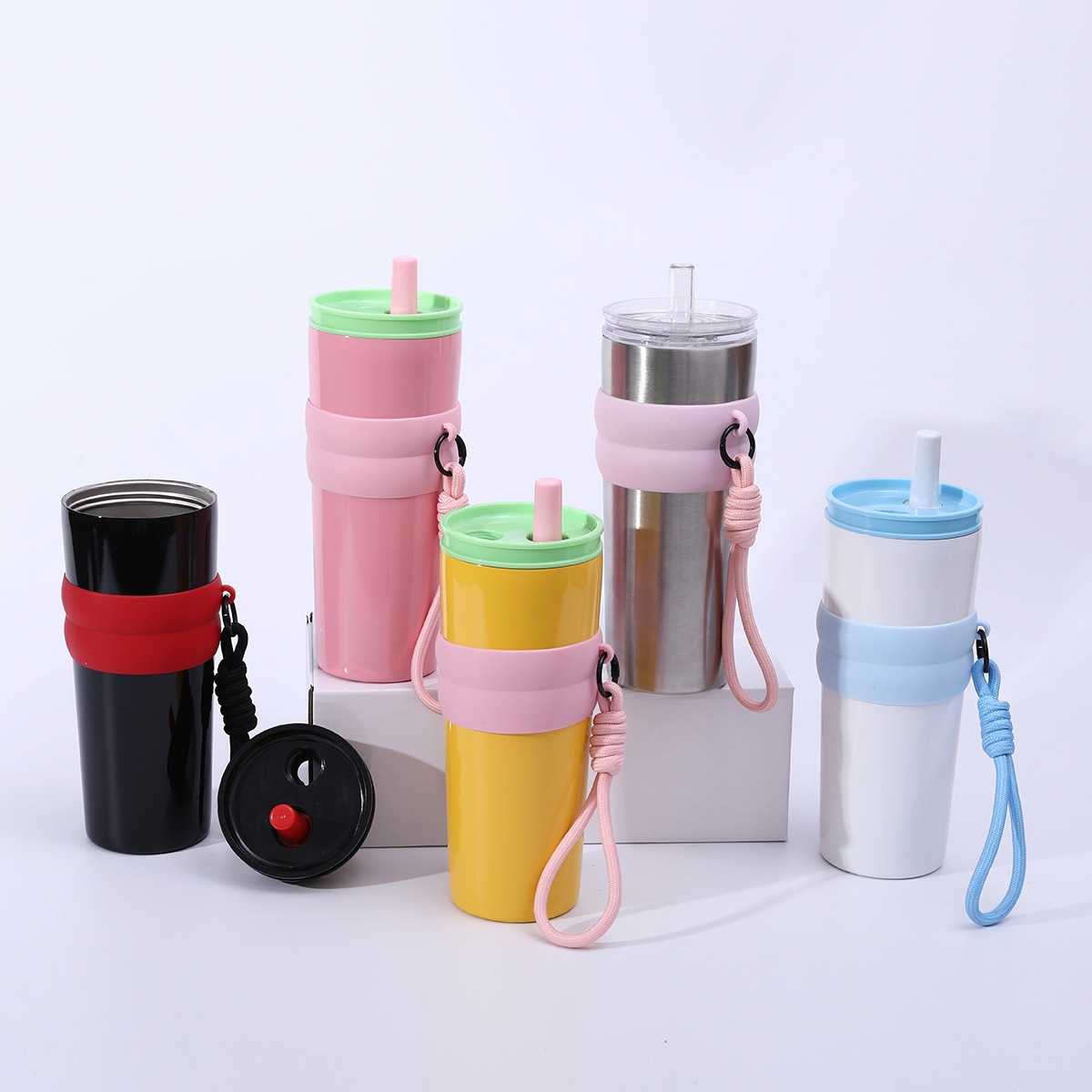 New 304 stainless steel insulated cup with lifting strap, large-capacity car straw cup, portable travel cup with lifting rope, water cup