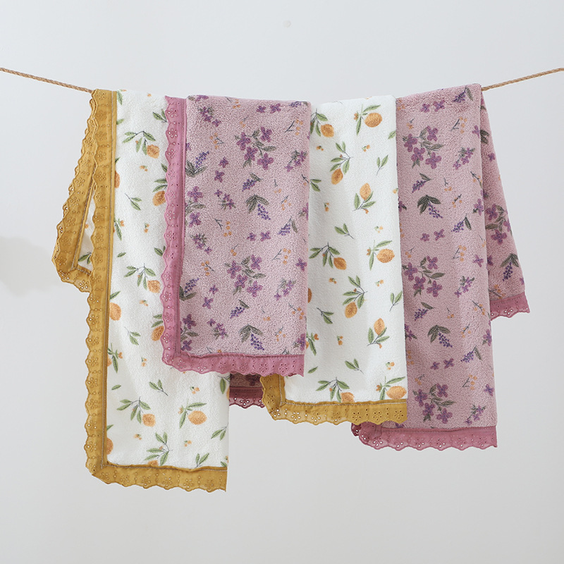 French-style floral coral fleece towel, soft, absorbent and thickened household face towel, lace edge couple set towel
