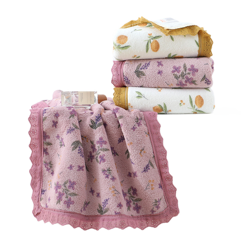 French-style floral coral fleece towel, soft, absorbent and thickened household face towel, lace edge couple set towel Item Picture