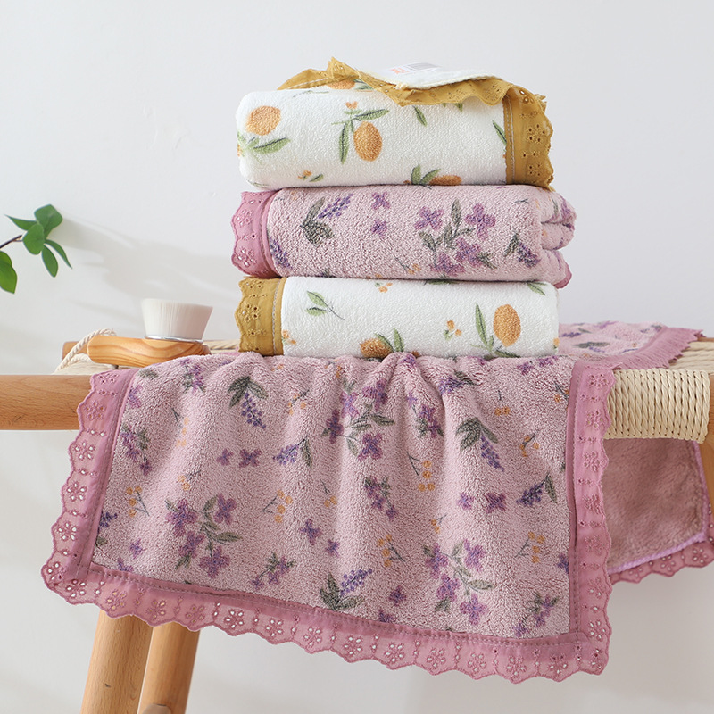 French-style floral coral fleece towel, soft, absorbent and thickened household face towel, lace edge couple set towel details Picture