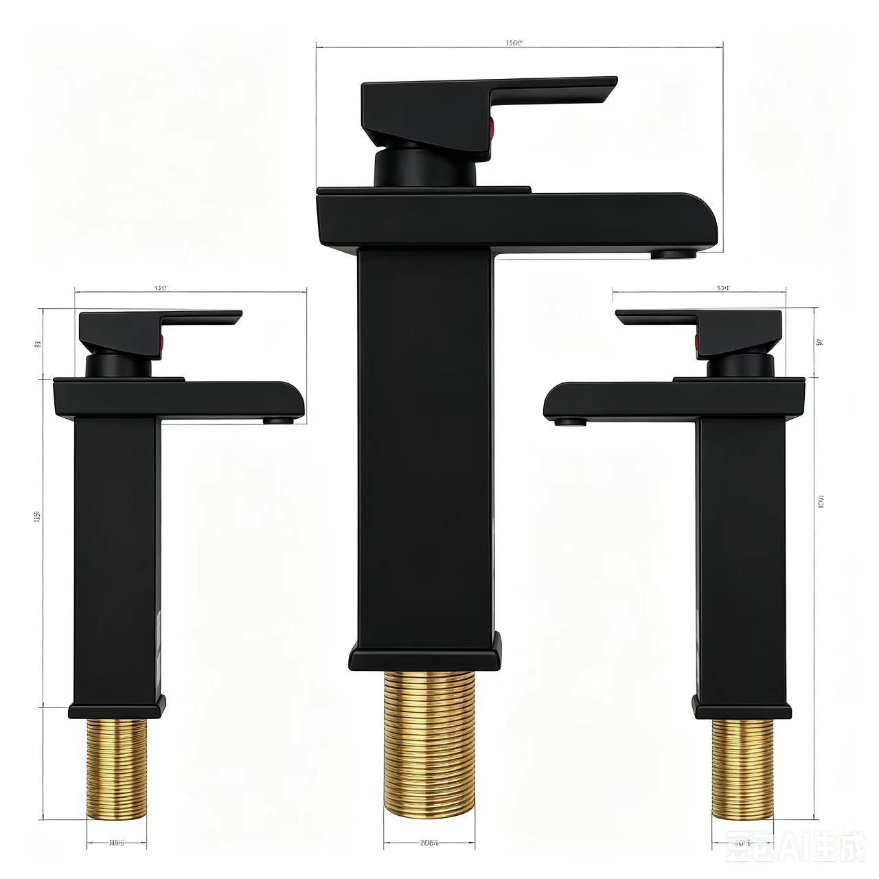 Matte black square waterfall basin faucet, hot and cold washbasin, bathroom countertop faucet details Picture