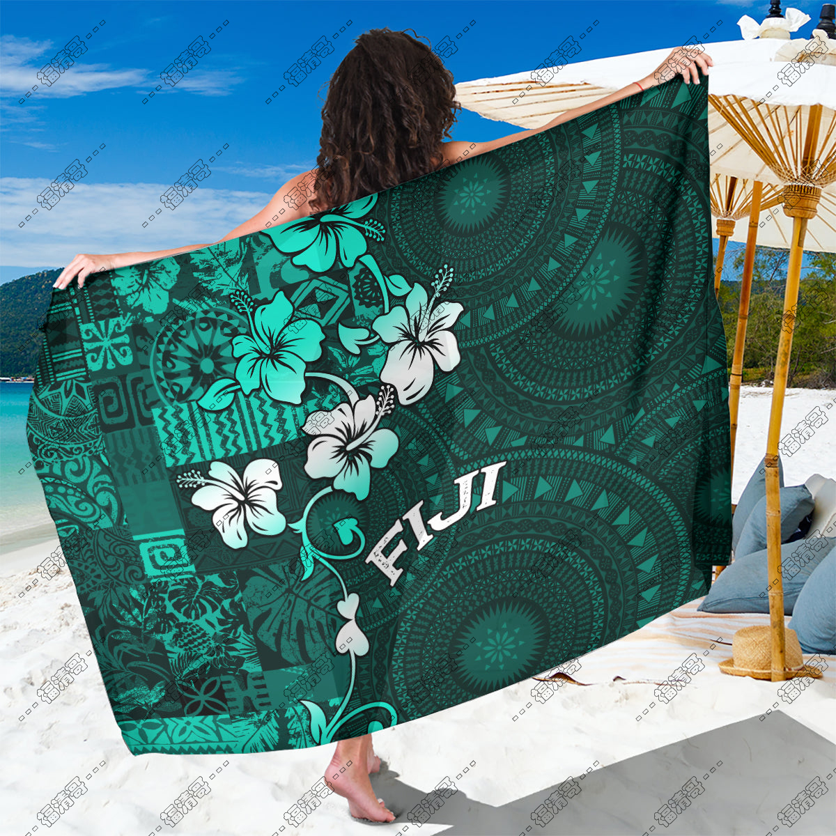 Fiji sulu cotton Lavalava mustache dress Sarong Pareo skirt Custom floral pattern Qni shawl style details Picture