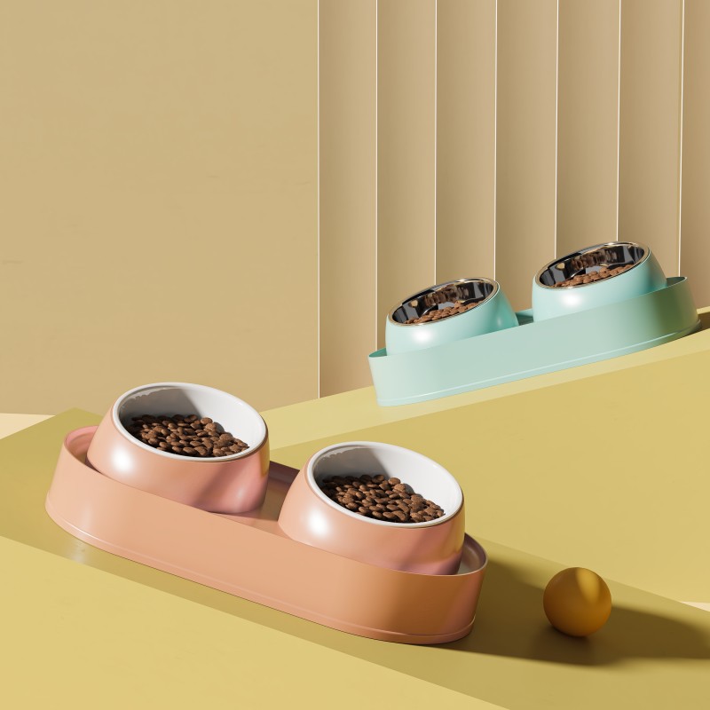 The ceramic bowl for cat food is designed for eating, drinking and feeding. It has a slanted mouth to protect the cervical vertebrae from being knocked over. It is a double bowl for pets details Picture