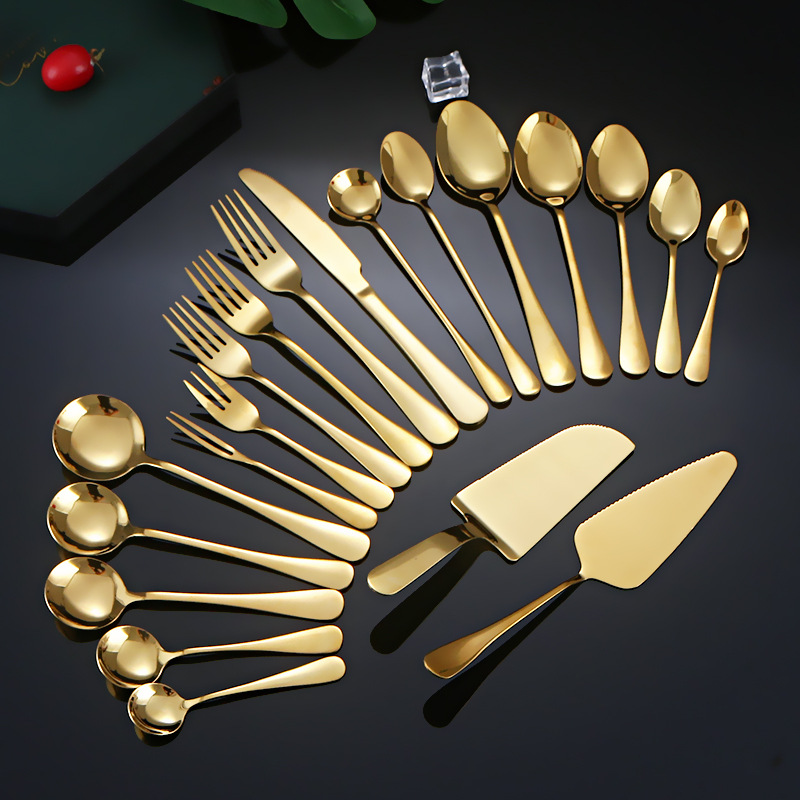 Cross-border 1010 golden stainless steel tableware, knives, forks and spoons, thickened spoons and forks for Western restaurants, hotels and household use, wholesale Specification image