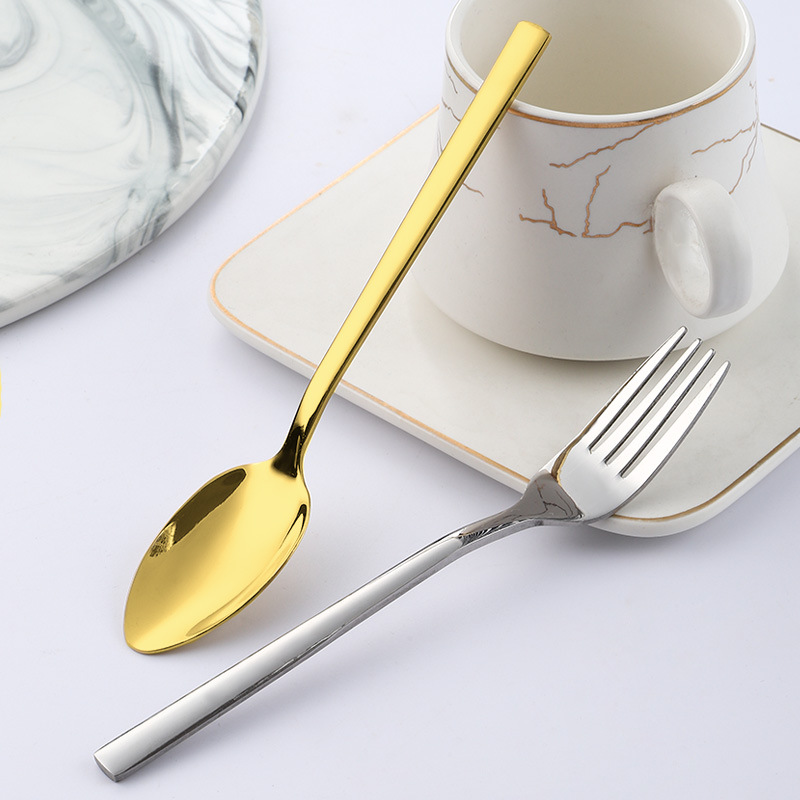 Gold and silver stainless steel tableware, thickened square handle, water cube, four main items, Western steak knife, main table spoon, fork and tea spoon details Picture