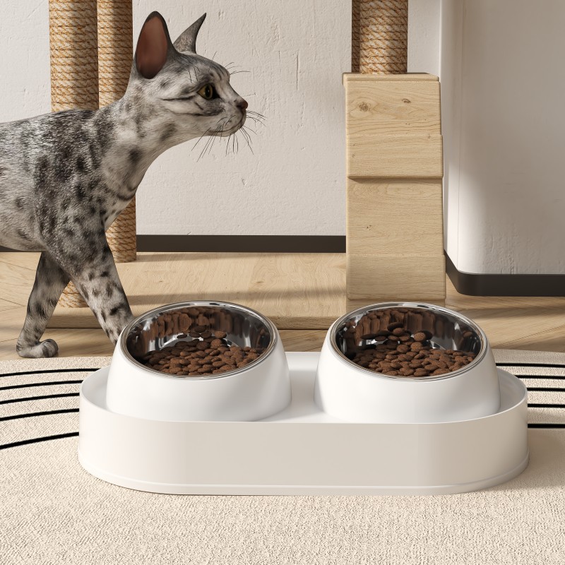 The ceramic bowl for cat food is designed for eating, drinking and feeding. It has a slanted mouth to protect the cervical vertebrae from being knocked over. It is a double bowl for pets