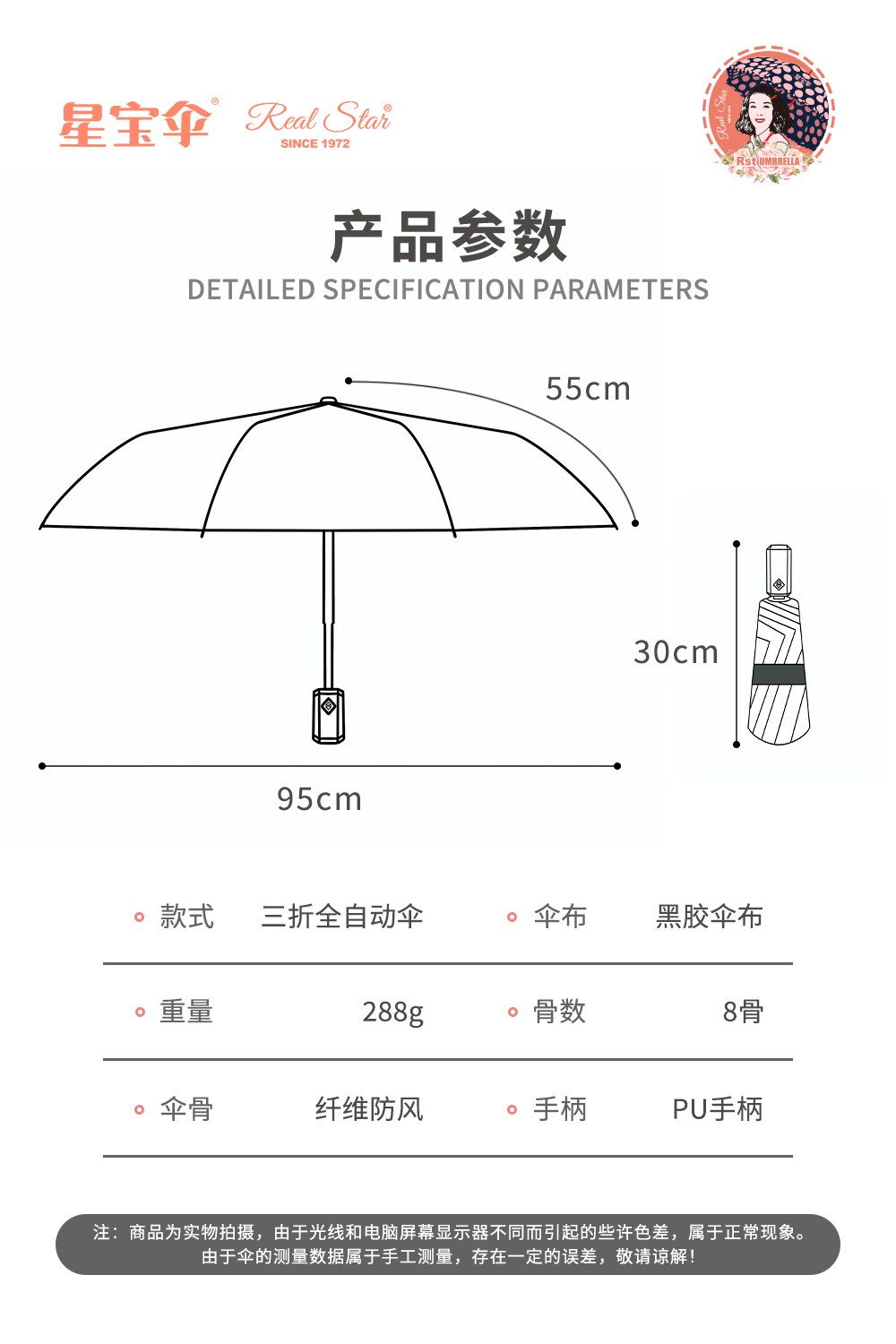 星宝伞5245三折雨伞油画雨伞三折全自动防紫外线大花朵女士伞黑胶零透光防紫外线女伞详情21