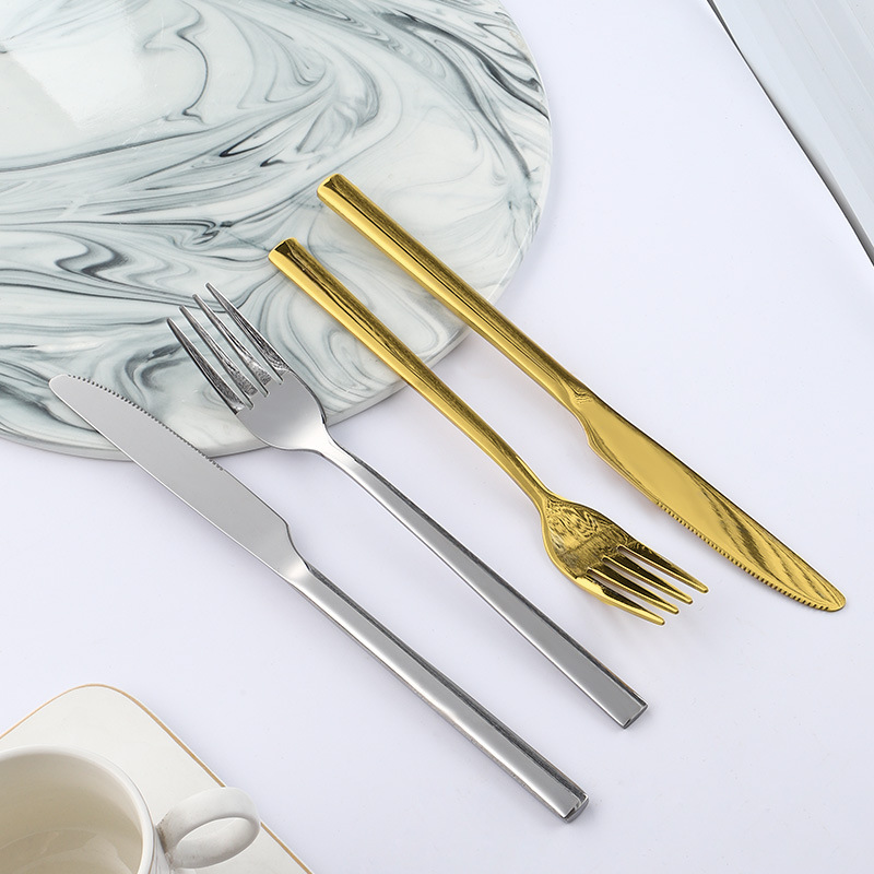 Gold and silver stainless steel tableware, thickened square handle, water cube, four main items, Western steak knife, main table spoon, fork and tea spoon Application Scenario
