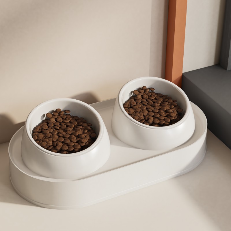 The ceramic bowl for cat food is designed for eating, drinking and feeding. It has a slanted mouth to protect the cervical vertebrae from being knocked over. It is a double bowl for pets Application Scenario
