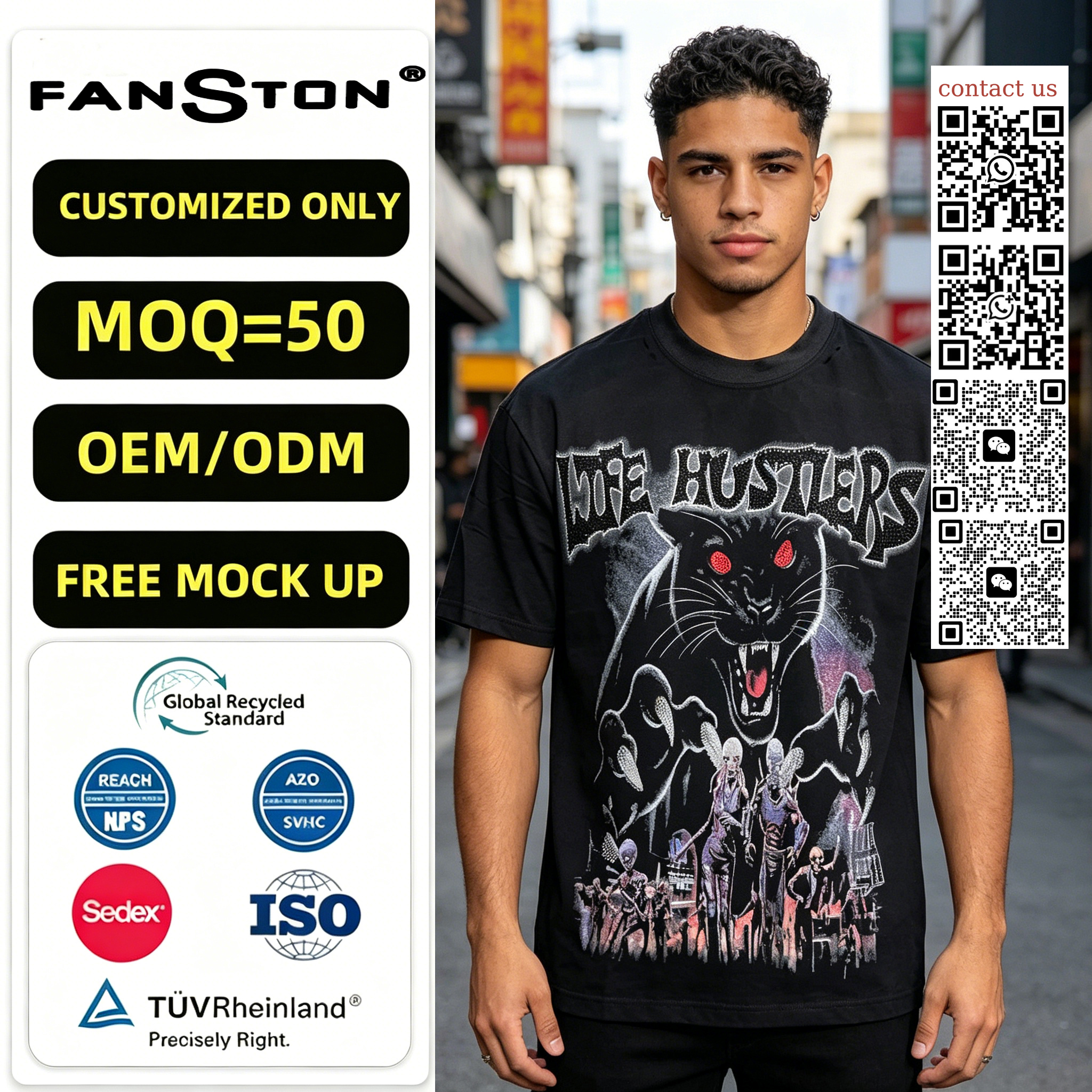 In 2026, China's wholesale clothing for men and women, pure cotton cross-border American streetwear brand Life Hustlers, high street retro rhinestone round-neck short-sleeved T-shirt, loose and casual