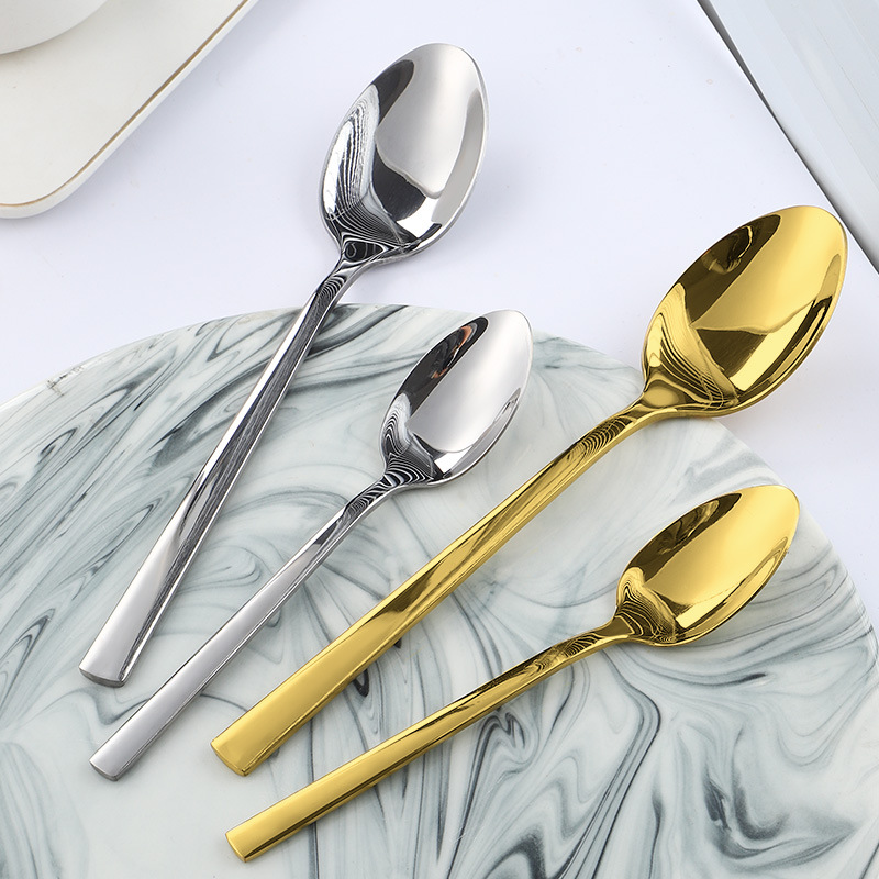 Gold and silver stainless steel tableware, thickened square handle, water cube, four main items, Western steak knife, main table spoon, fork and tea spoon Specification image