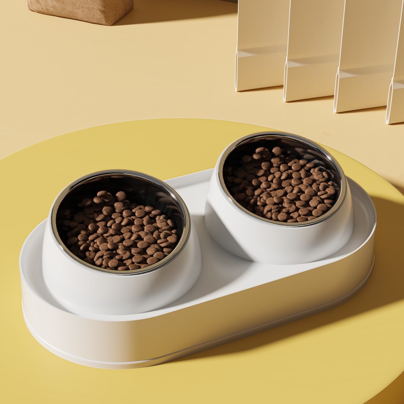 The ceramic bowl for cat food is designed for eating, drinking and feeding. It has a slanted mouth to protect the cervical vertebrae from being knocked over. It is a double bowl for pets Specification image