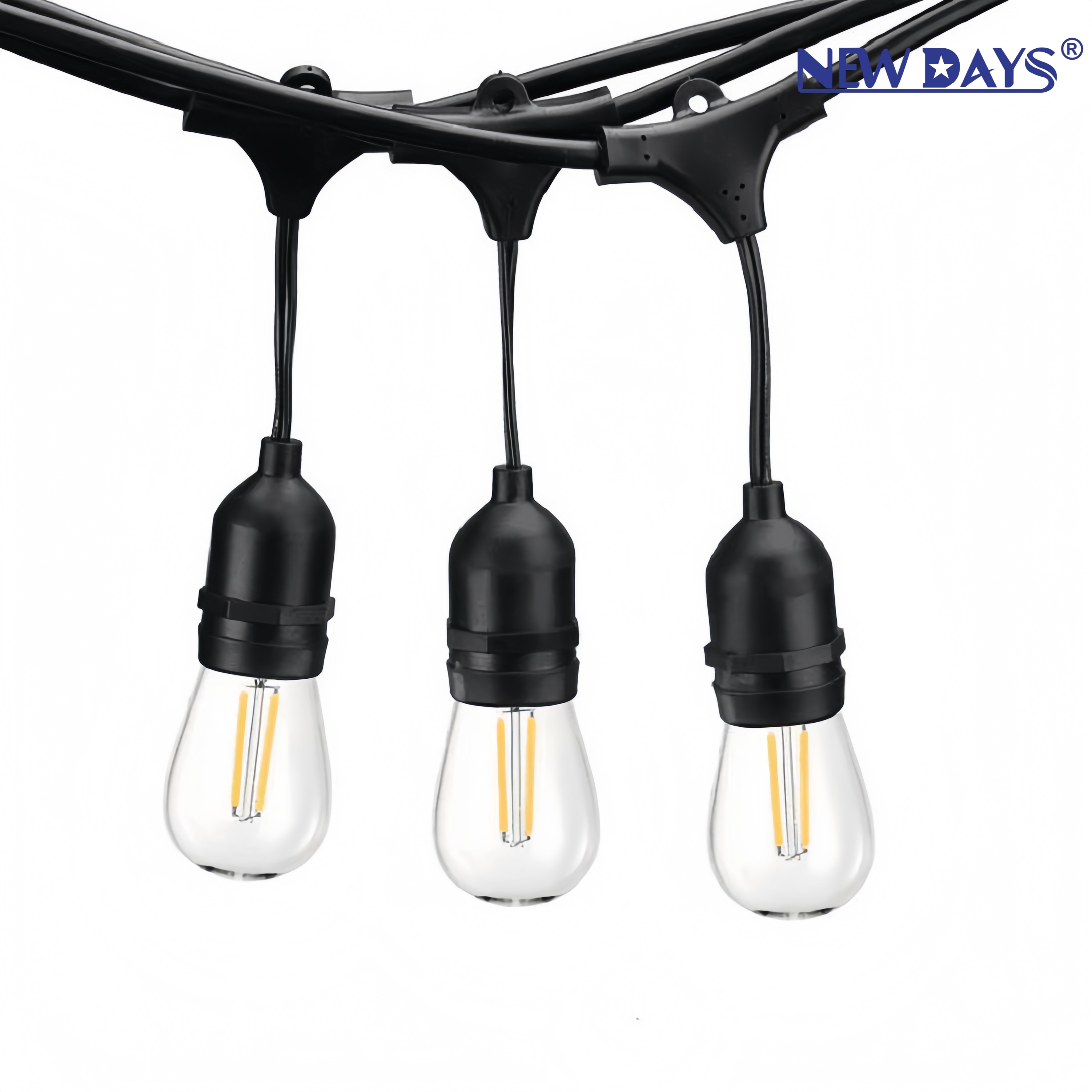 NEWDAYS brand cross-border hanging light strip 10-meter 10-head, with plug and male and female connectors, equipped with S14 bulb camping waterproof light string Item Picture