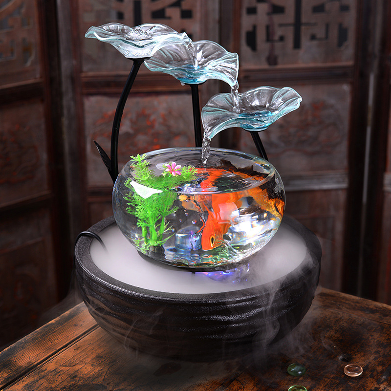 水晶工艺玻璃荷叶流水鱼缸圣母风水摆件加湿器大型头饰国潮国风