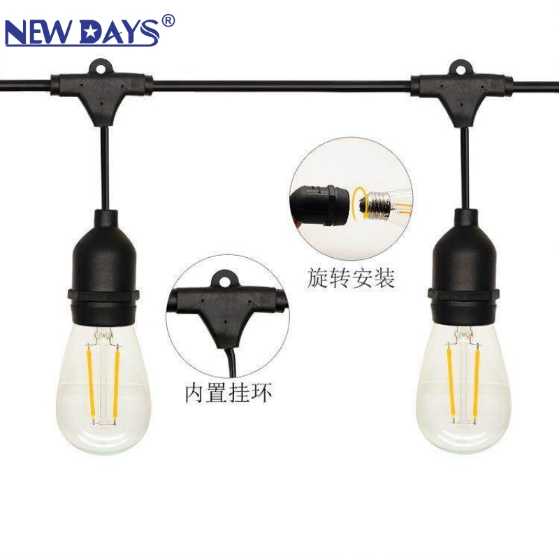 NEWDAYS brand cross-border hanging light strip 10-meter 10-head, with plug and male and female connectors, equipped with S14 bulb camping waterproof light string details Picture