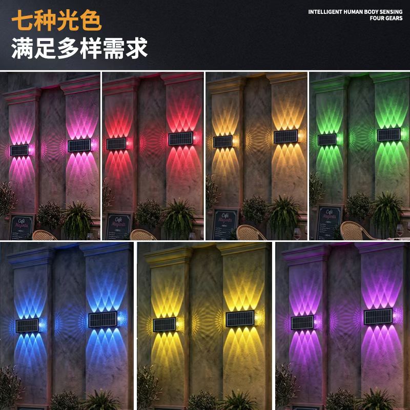 Solar-powered four-sided light-emitting wall lamp, outdoor waterproof seven-color RGB wall-washing lamp, exterior wall decoration sensor wall lamp for villa courtyard entrance Application Scenario