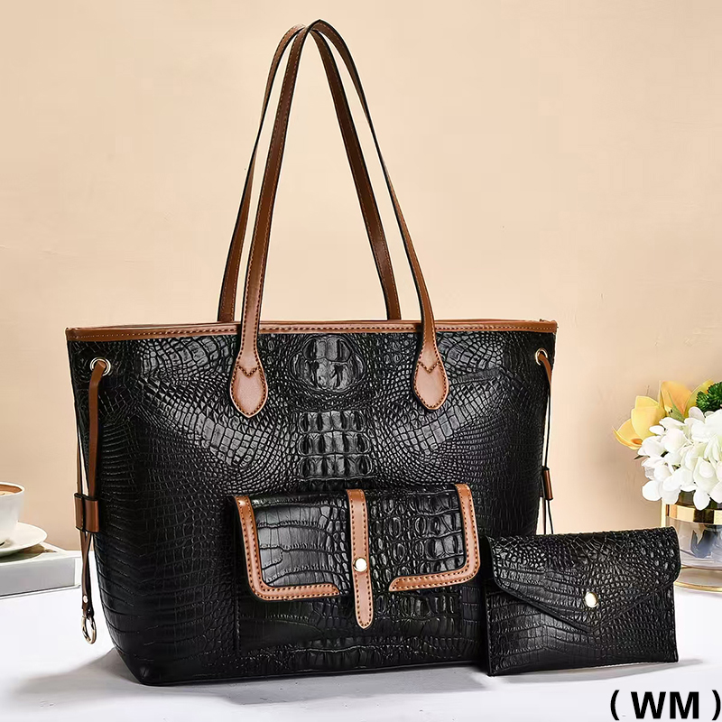 Black crocodile-patterned genuine leather handbag and matching wallet, long and simple women's bag