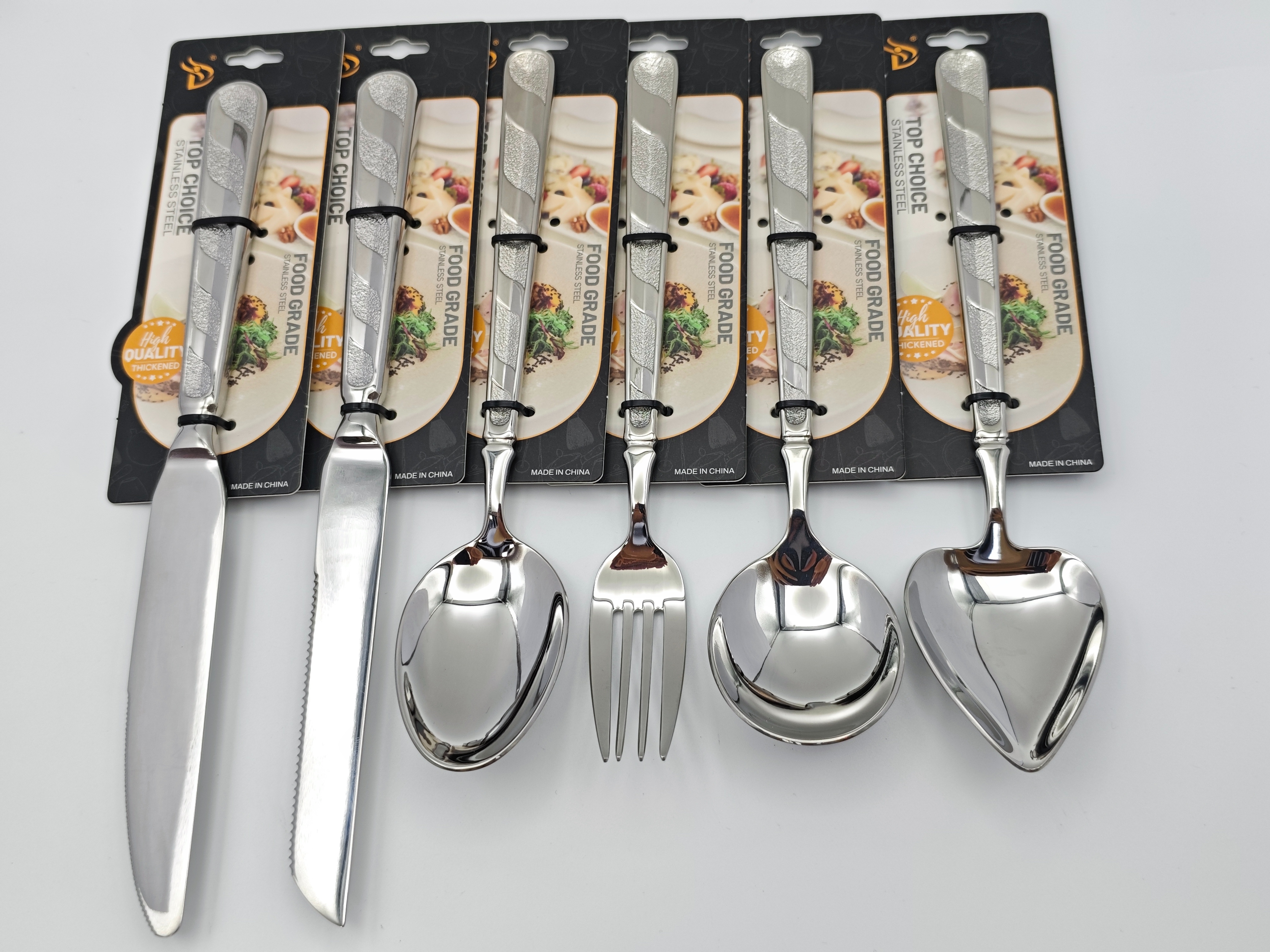 Silver 304 stainless steel tableware set, stainless steel table knives, steak knives, table spoons and forks, premium restaurant and hotel supplies