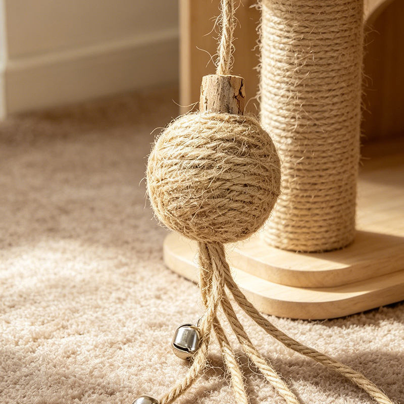 Cuerda de cáñamo de gato pluma divertirse palo de gato desahogarse desde hola correa de campana de madera polygonum bola de cáñamo mordedura resistente juguete de gato suministros para mascotas Specification image