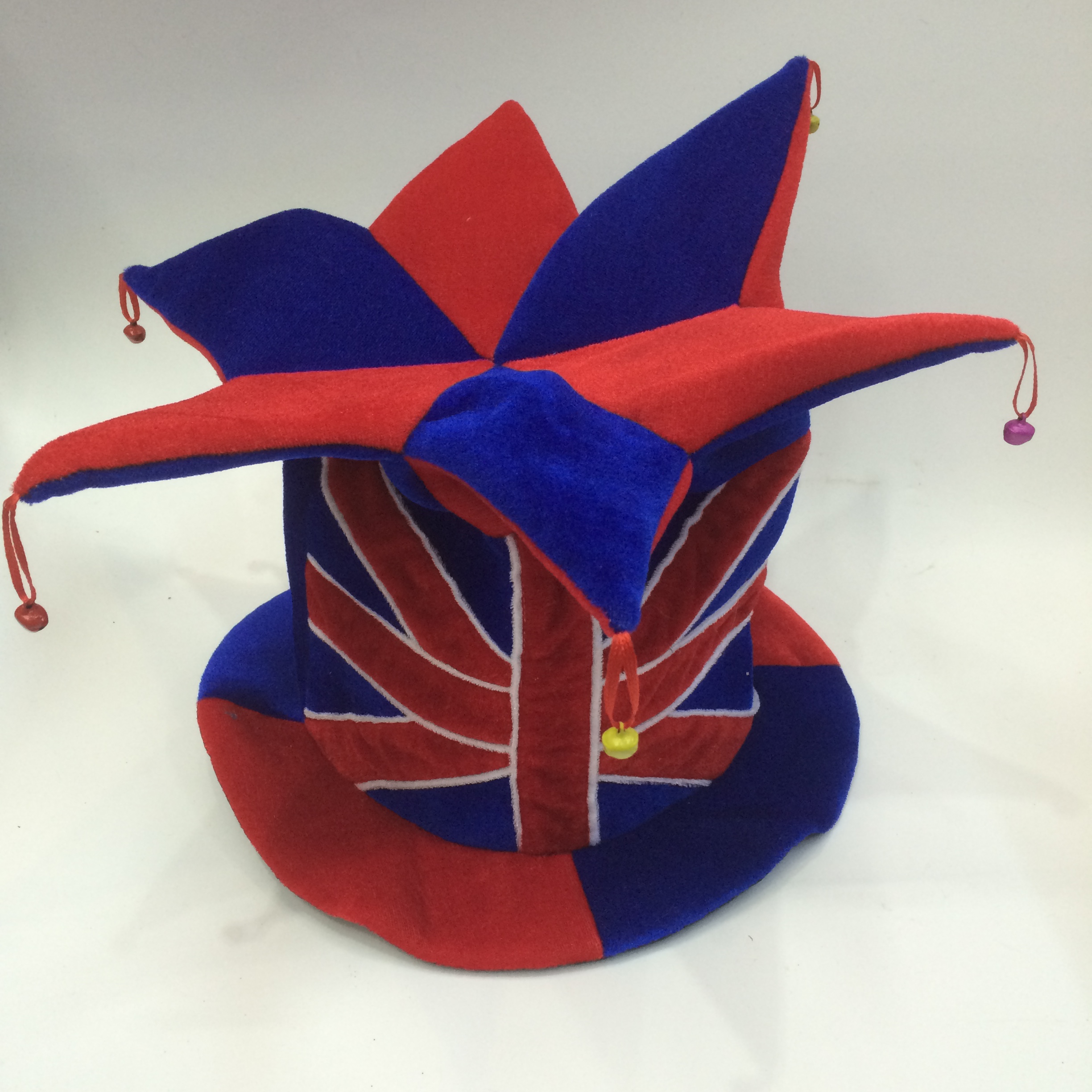 A blue-red clown hat with a cross-shaped cross and a small bell, a festival hat details Picture