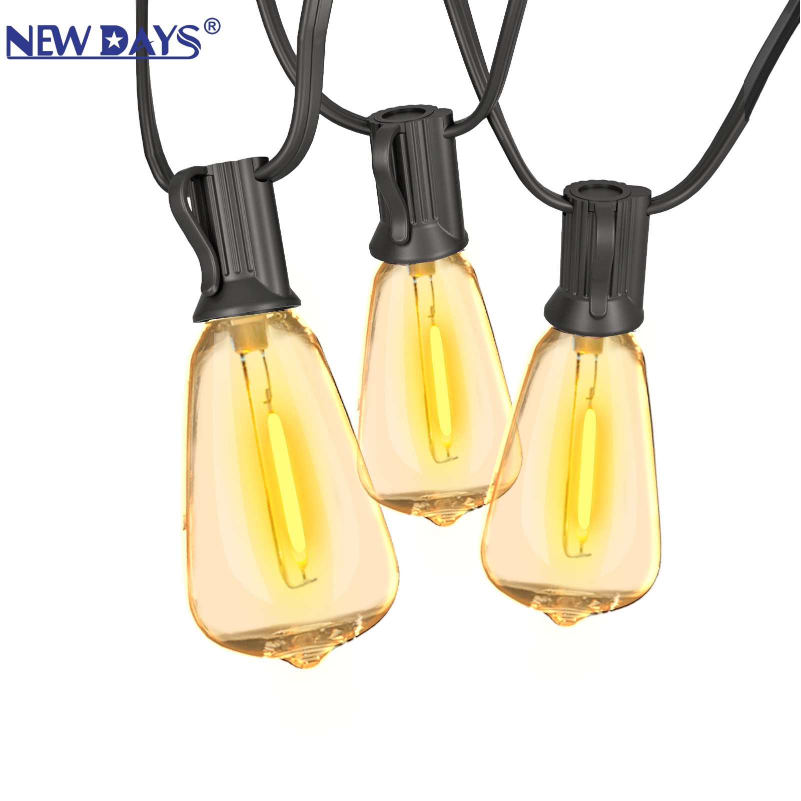 NEWDAYS marca crossover colgante luz con 7,5 m 25 cabezas, con enchufe y conector macho y hembra, con bombilla ST38 camping luz a prueba de agua string Specification image