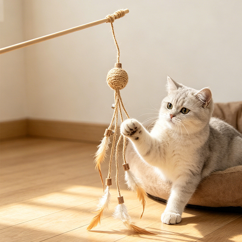 Cuerda de cáñamo de gato pluma divertirse palo de gato desahogarse desde hola correa de campana de madera polygonum bola de cáñamo mordedura resistente juguete de gato suministros para mascotas