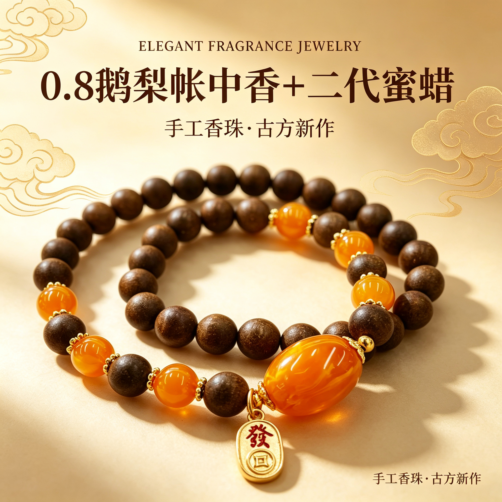 非遗古法药香珠天然药香手串佛珠手链香珠文玩手串   0.8鹅梨帐中香+二代蜜蜡手串中药手串Y2600111详情1