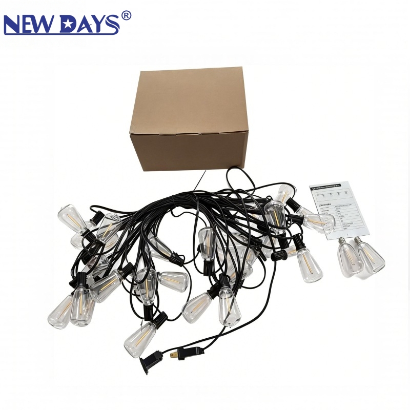 NEWDAYS marca crossover colgante luz con 7,5 m 25 cabezas, con enchufe y conector macho y hembra, con bombilla ST38 camping luz a prueba de agua string details Picture