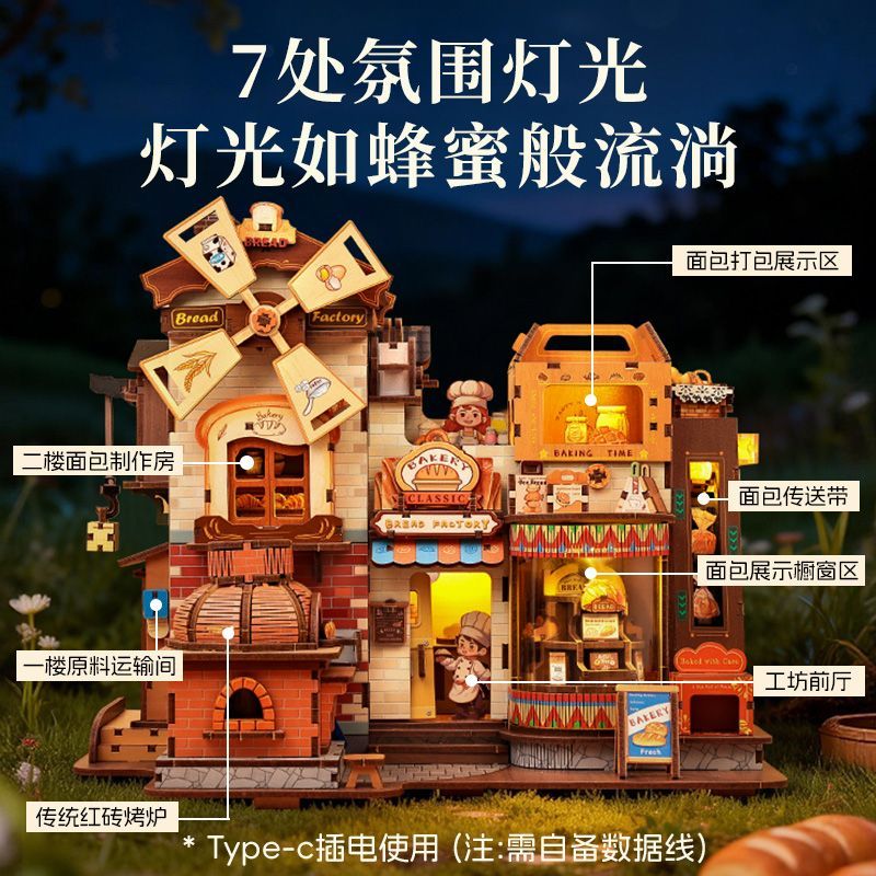 CuteBee面包工坊音乐盒手工diy小屋积木拼图木质拼装模型创意礼物详情2