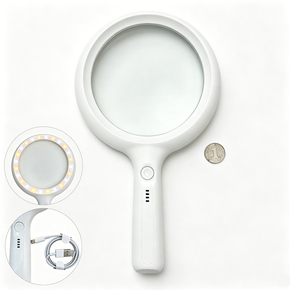 Large-lens handheld rechargeable LED magnifying glass lamp