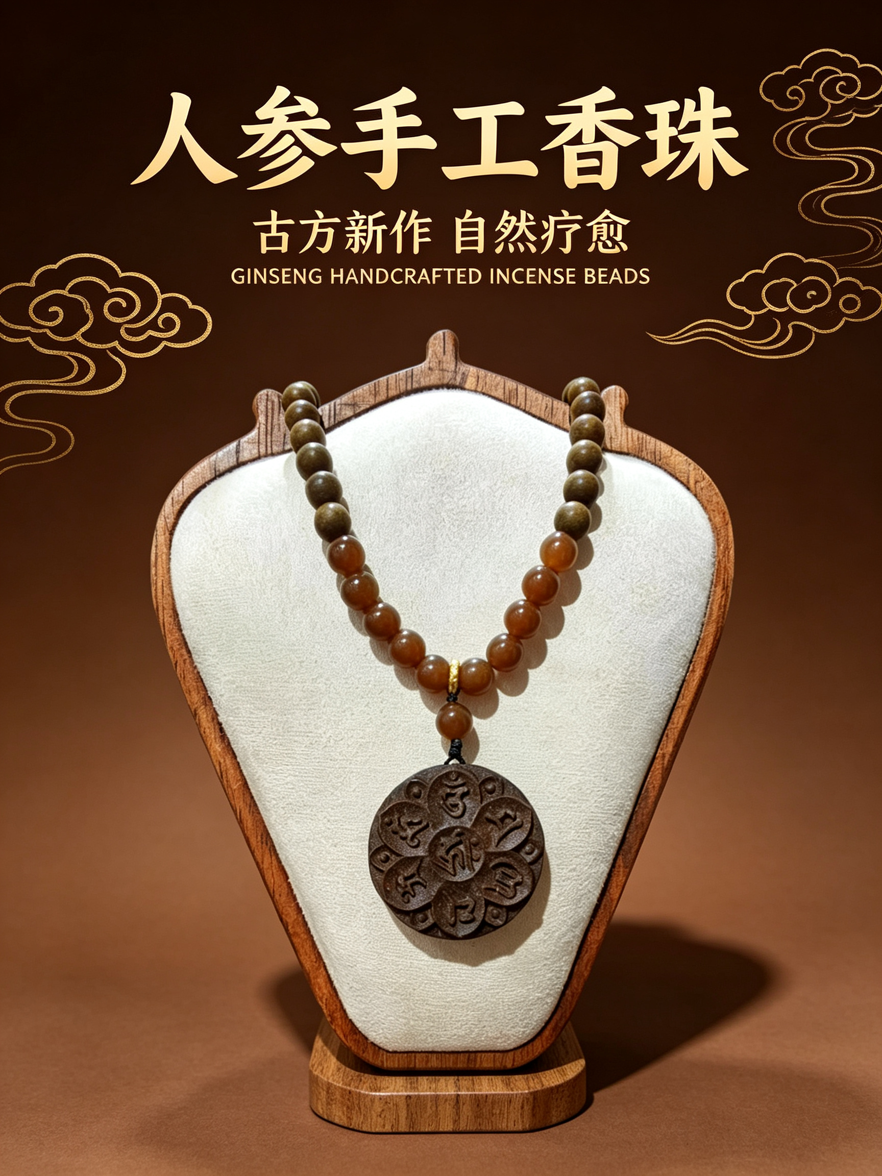 非遗古法药香珠天然药香手串佛珠手链香珠文玩手串0.8人参108颗+0.8糖玉玉髓+六字真言吊坠唐卡Y2600125