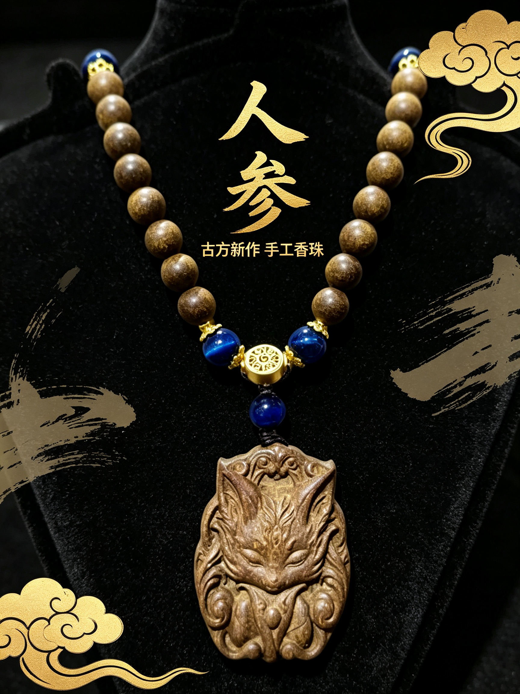 非遗古法药香珠天然药香手串佛珠手链香珠文玩手串0.8人参108颗+天然虎眼石+九尾狐牌吊坠唐卡藏族Y2600129