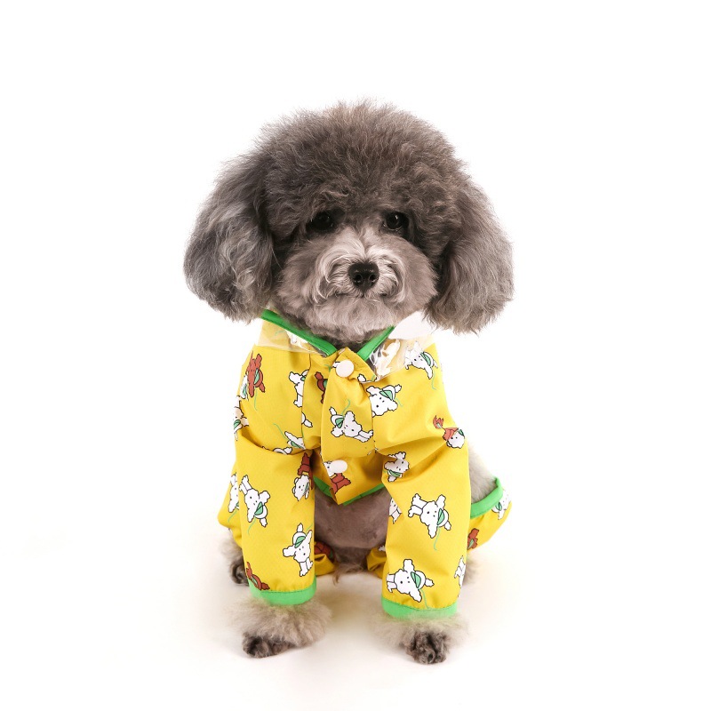 Cross-border towing dog raincoat with contrasting color, frosted edge, transparent tail and teddy small and medium-sized dog pet raincoat Application Scenario