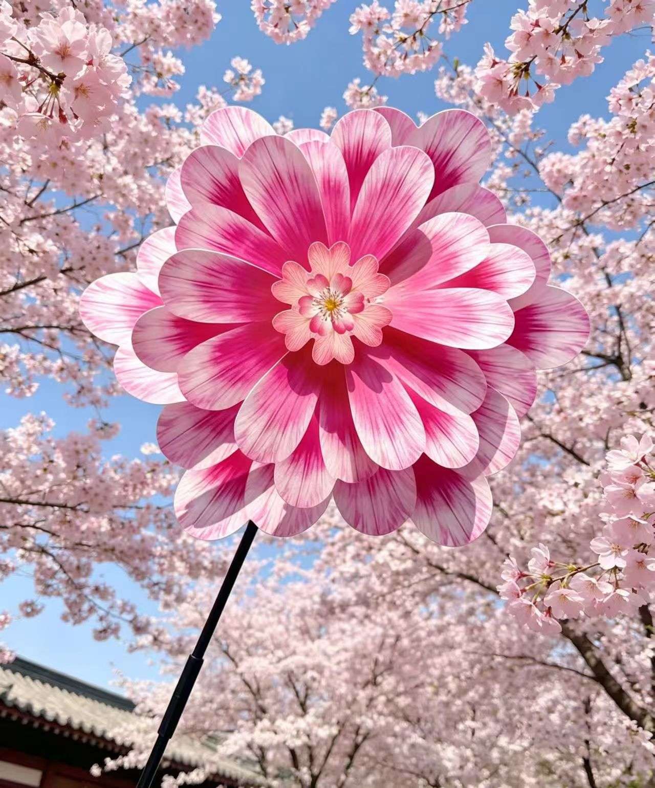 Spring flower Windmill Wall Scenic Area outdoor garden decoration children's hand-held rotating flower plastic windmills details Picture